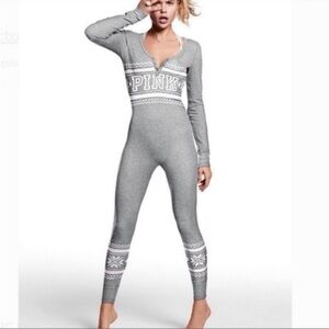 Victoria's Secret PINK Fair Isle Thermal Long Jane Romper Onesie Pajama - Small